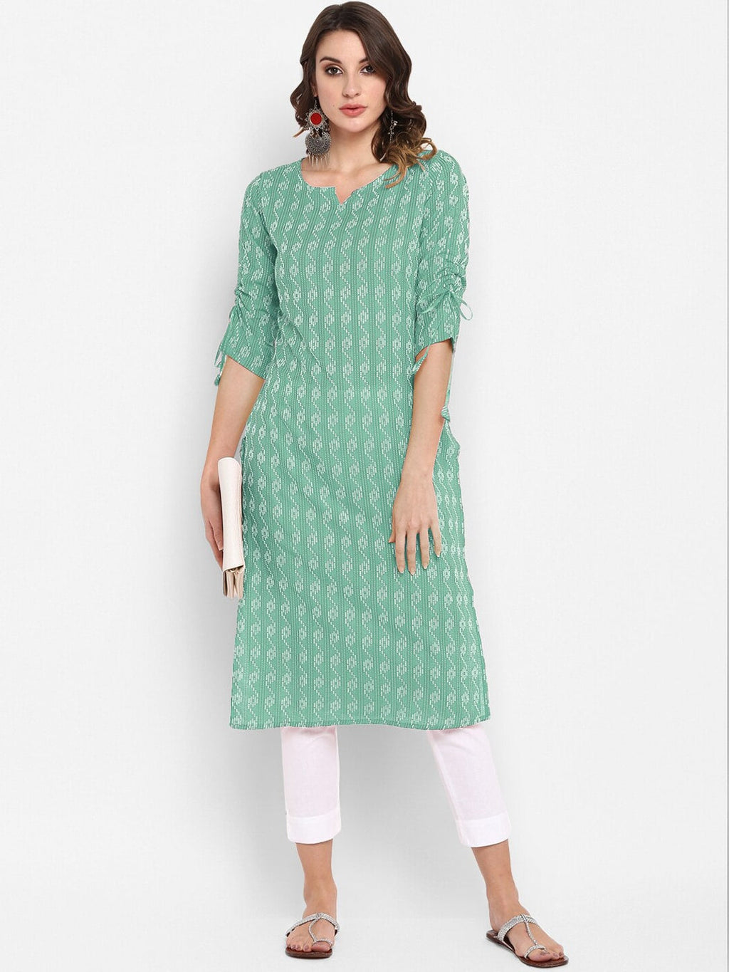 Janasya Women Green Geometric Printed Cotton Kurta | Grocsy