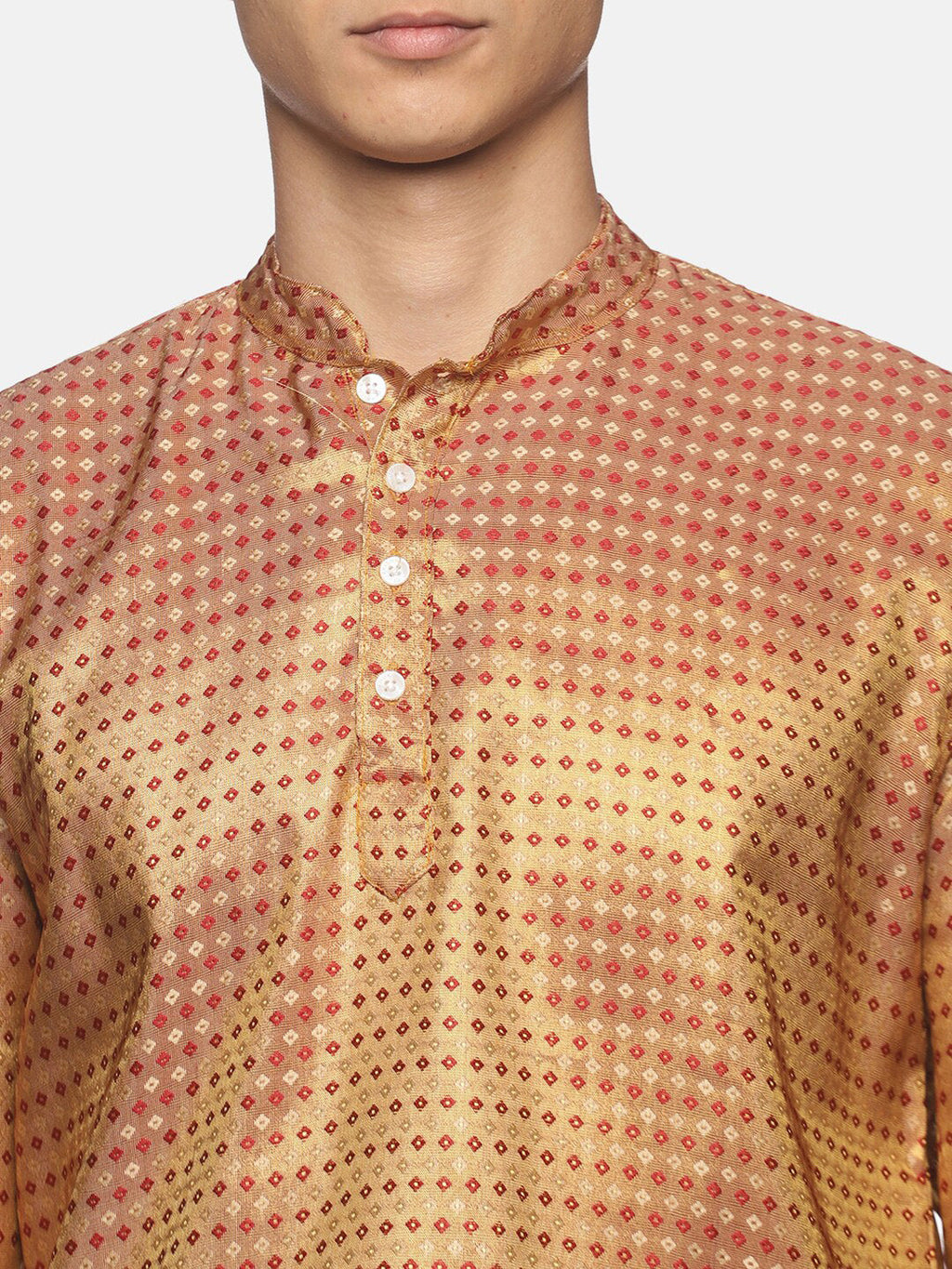 Sethukrishna Men Art Silk Golden & Red Kurta with Dhoti Pants | Grocsy