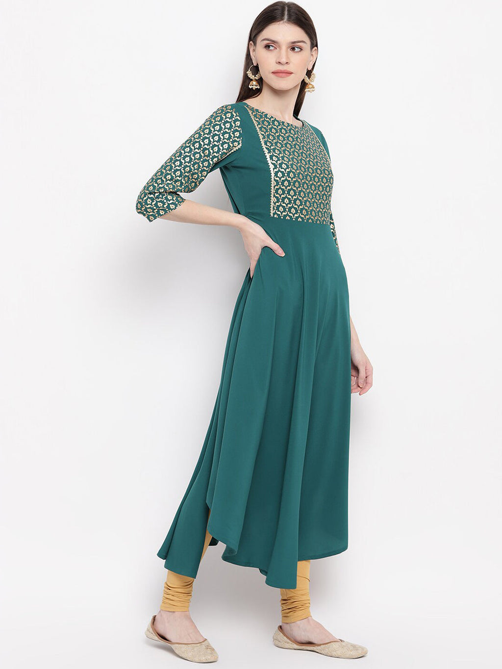 Janasya Women Teal Ethnic Motifs Yoke Design Crepe Anarkali Kurta | Grocsy