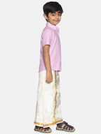 Sethukrishna Boys Pink & Off-White Pure Cotton Shirt with Dhotis | Grocsy