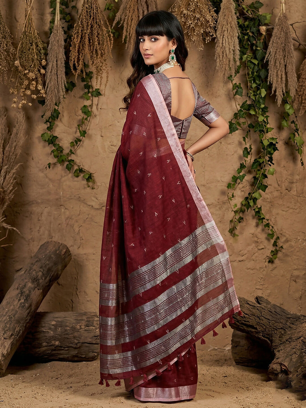 Shree Shyam Fashion Maroon Linen Cotton Saree | Grocsy
