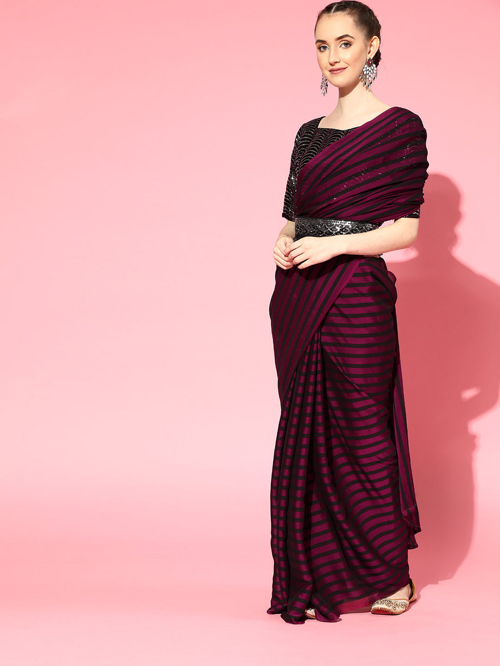 Saree Mall Burgundy Striped Poly Georgette Party Wear Saree with Matching Blouse | Grocsy