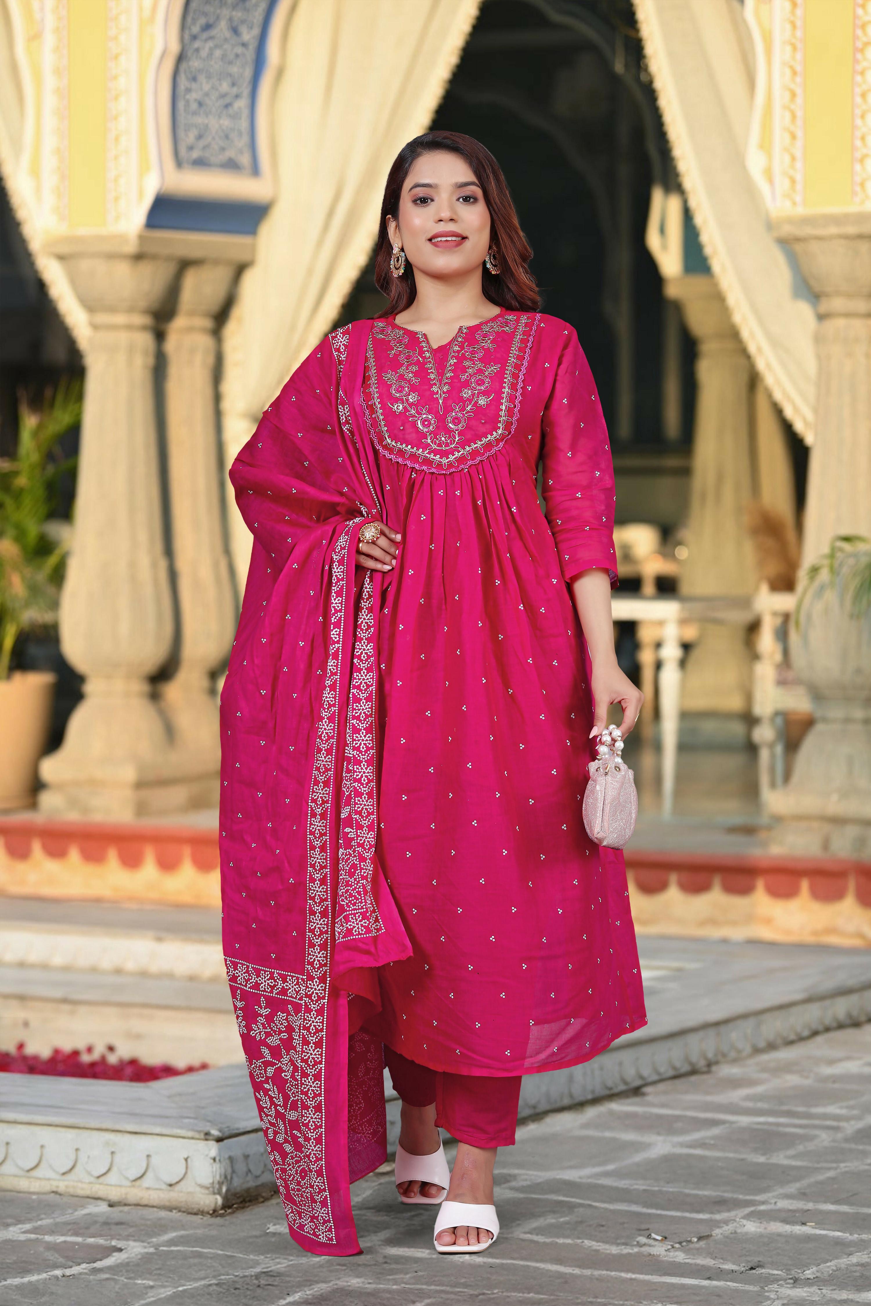 The52 Women's Beautiful Cotton Fabric Embroidery Work Straight Kurta Pant and Dupatta Set | Grocsy