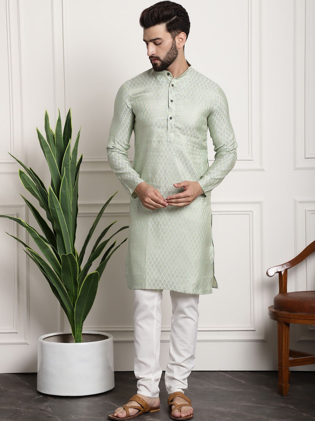 Sojanya Woven Design Mandarin Collar Kurta with Churidar & Nehru Jacket | Grocsy