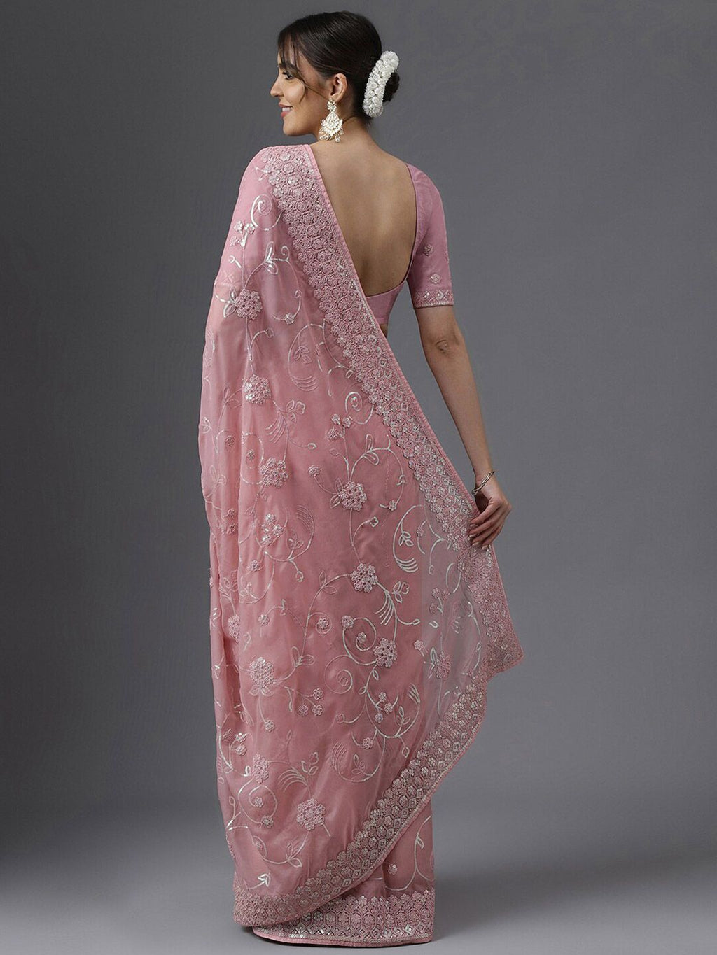 kasee Floral Embroidered Sequinned Organza Saree | Grocsy
