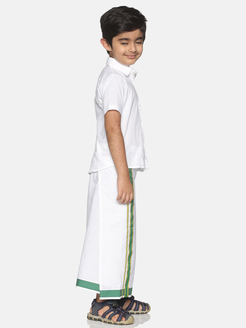 Sethukrishna Boys White & Green Pure Cotton Solid Shirt and Veshti Set | Grocsy