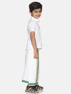 Sethukrishna Boys White & Green Pure Cotton Solid Shirt and Veshti Set | Grocsy