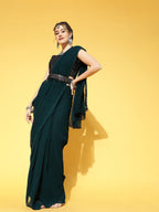 Saree Mall Teal Green & Black Solid Poly Georgette Party Saree with Matching Blouse | Grocsy