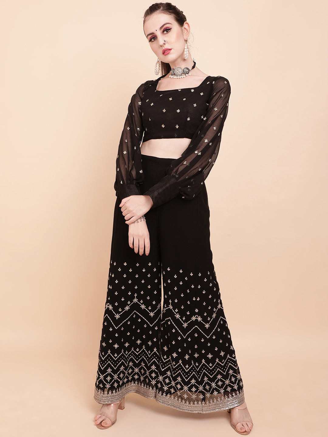 Sangria Black & White Embellished Sequinned Pure Georgette Palazzo Saree | Grocsy