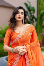 Vastranavya Orange Embroidery Work Shimmer Chiffon Saree with Unstitched Blouse | Grocsy
