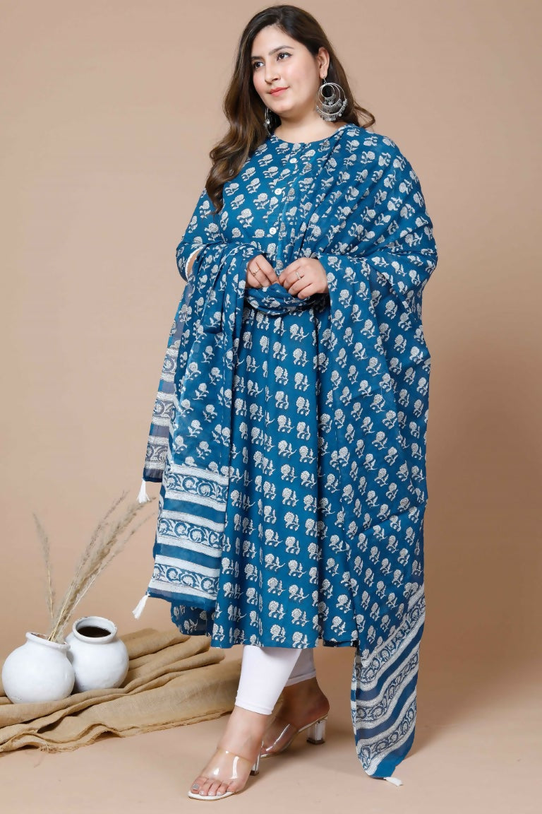 Miravan Women's Plus Size Blue Printed Anarkali Kurta With Dupatta | Grocsy