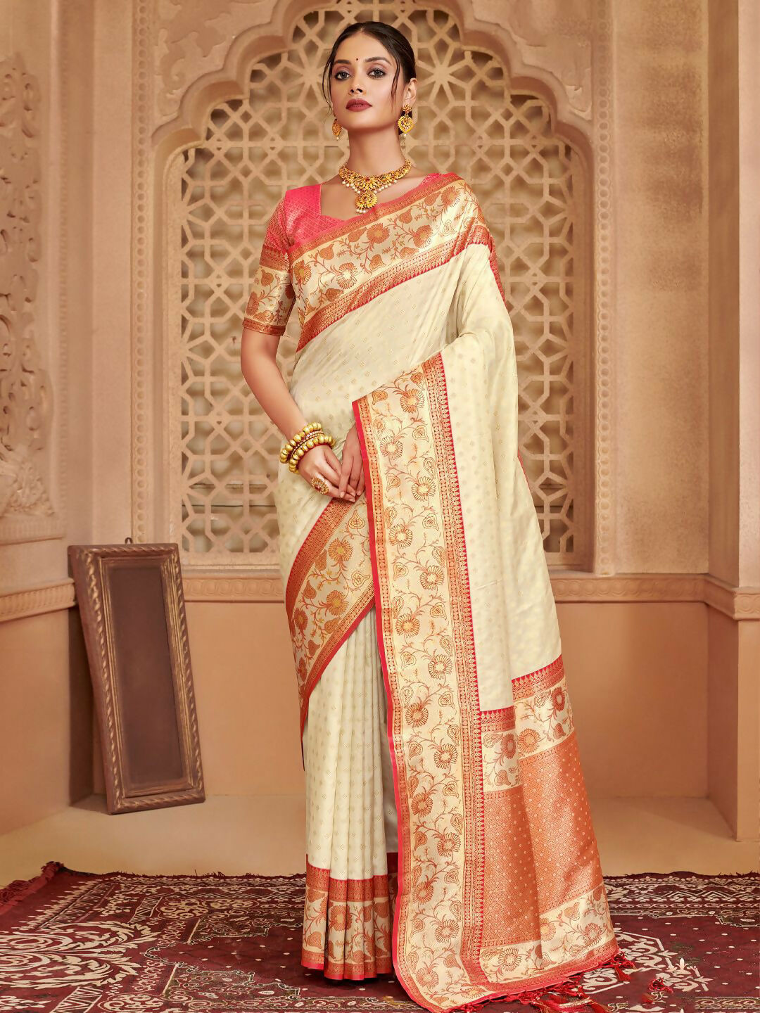 Shree Shyam Fashion Silk Blend Off White Saree | Grocsy