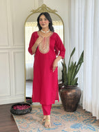 The52 Rani Gorgeous Embroidered Chanderi Silk Fabric Straight Kurta Pant with Dupatta Set | Grocsy