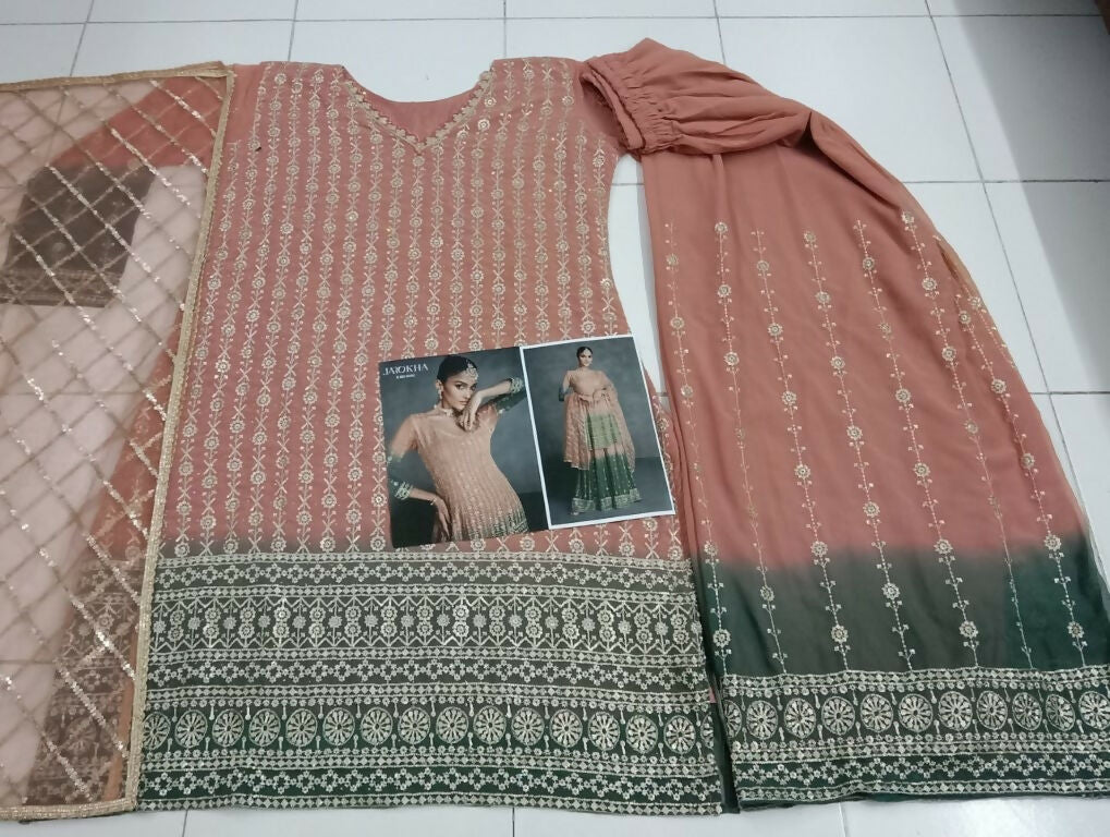 Vastranavya Peach Embroidered Sequins Pakistani Palazzo Suit Party Wear | Grocsy