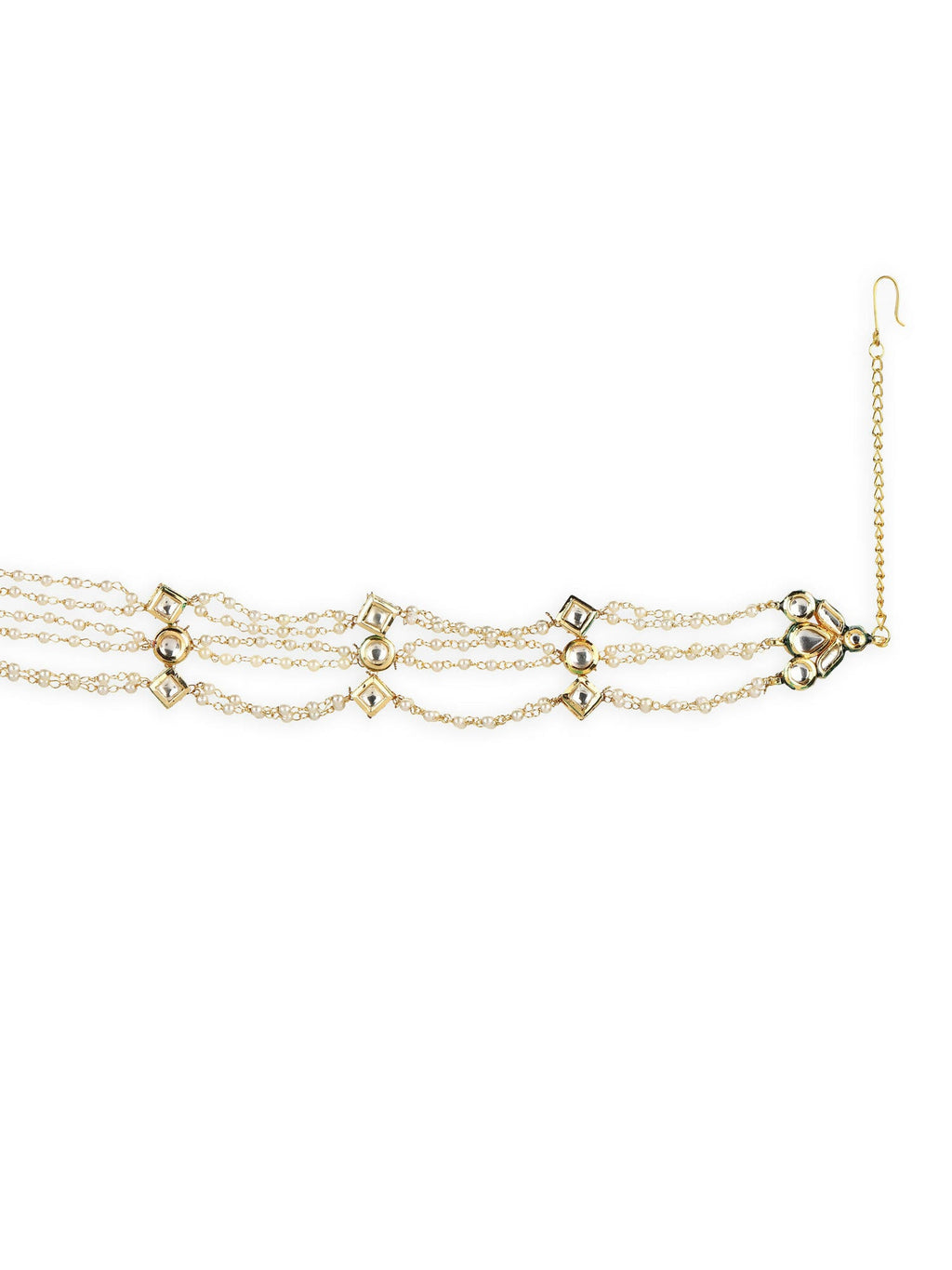 Gold-Polished White Kundan-Studded Pearl Head Chains - Ruby Raang | Grocsy