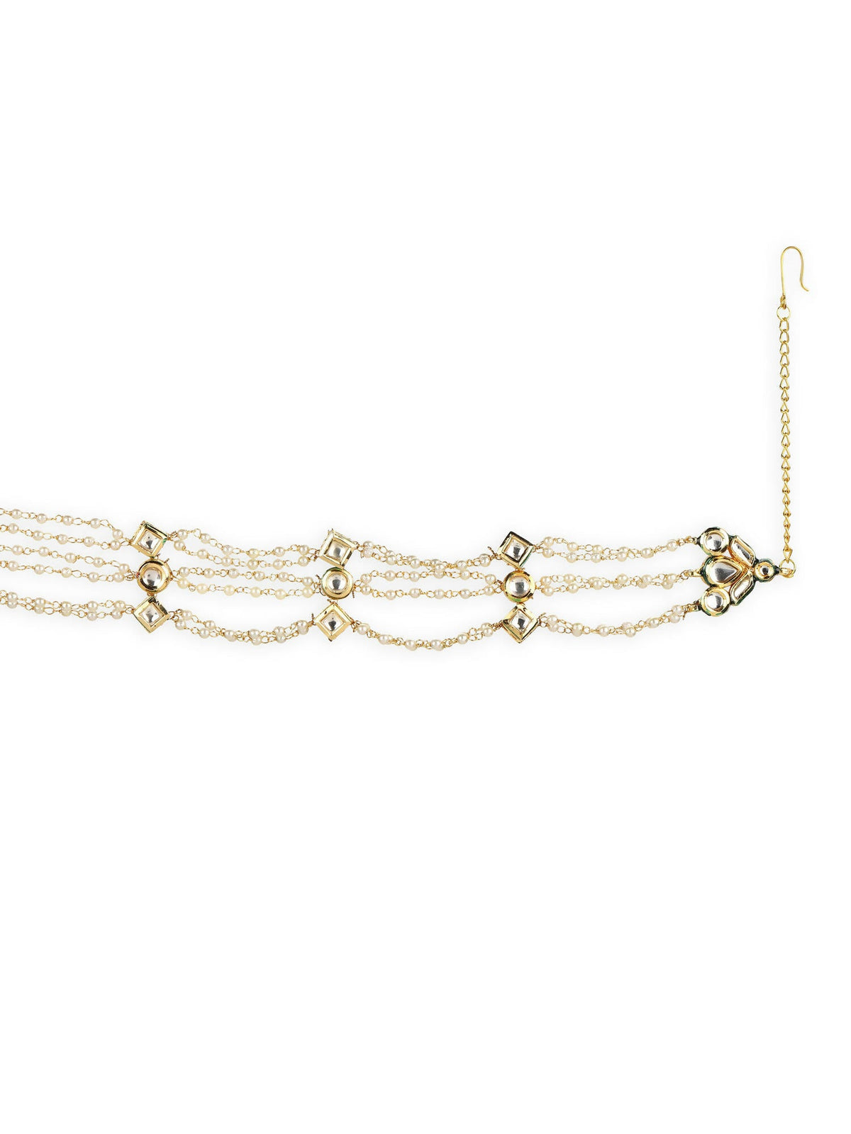 Gold-Polished White Kundan-Studded Pearl Head Chains - Ruby Raang | Grocsy