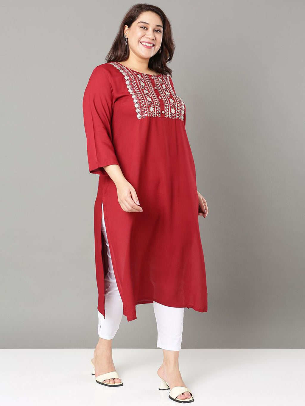 Sztori Plus Size Floral Yoke Design Mirror Work Straight Kurta | Grocsy