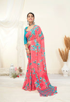 Light Pink Georgette Floral Printed Saree With Unstitched Blouse Piece - Jyoti | Grocsy