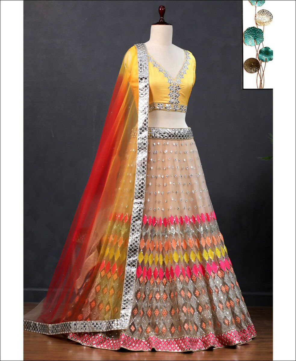 Jyoti Fashion Multicolor Mirror & Sequence Embroidery Butterfly Net Lehenga Choli with Dupatta | Grocsy