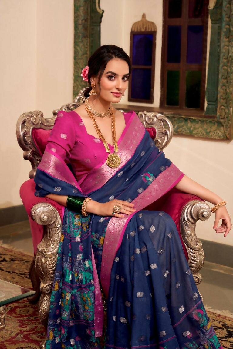 Vastranavya Navy Blue Poly Cotton Kalamkari Printed Saree with Unstitched Blouse | Grocsy