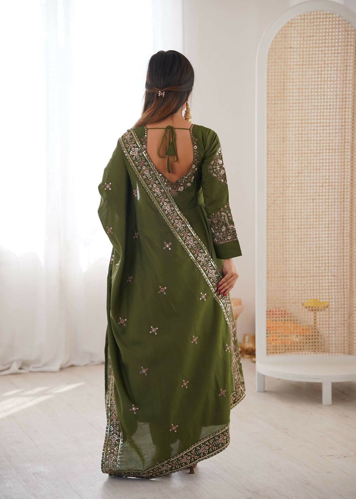 Teeya Creation Green Roman Silk Embroidery Work Party Wear Long Gown | Grocsy