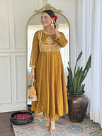 The52 Mustard Women's Gorgeous Embroidered Vichitra Silk Fabric Flared Kurta Pant with Dupatta Set | Grocsy