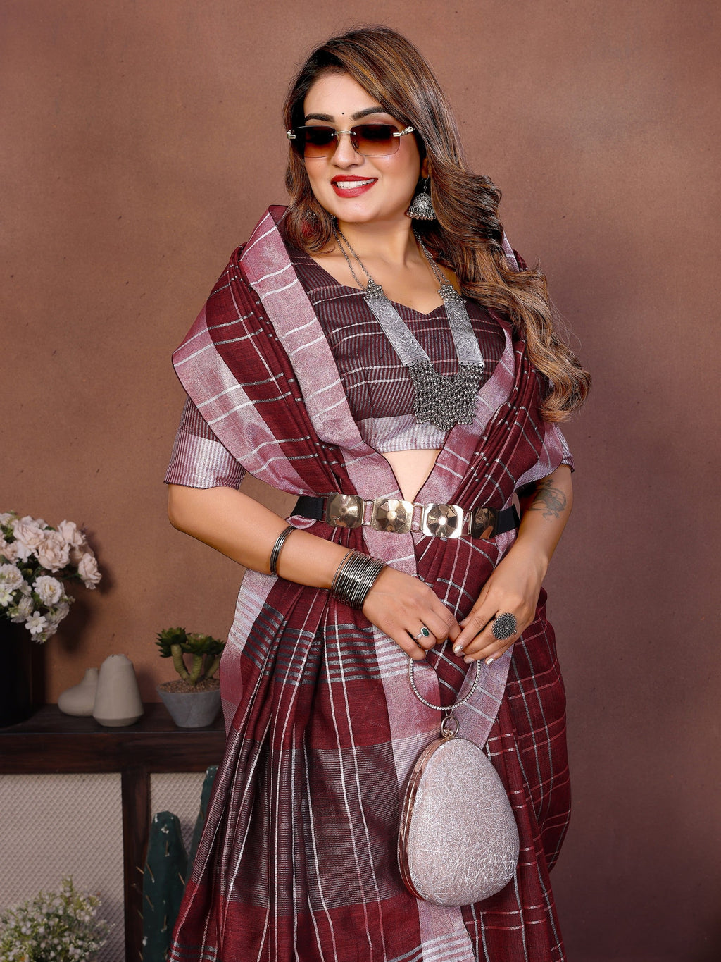 Anaita Maroon Weaving Linen Cotton Saree With Blouse | Grocsy