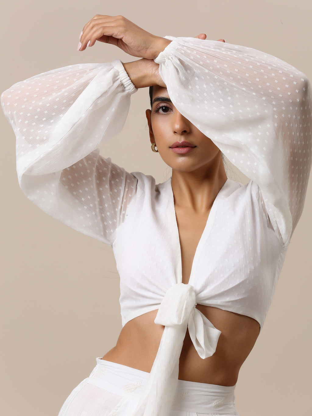 trueBrowns Chiffon White Dobby Tie Up Top | Grocsy