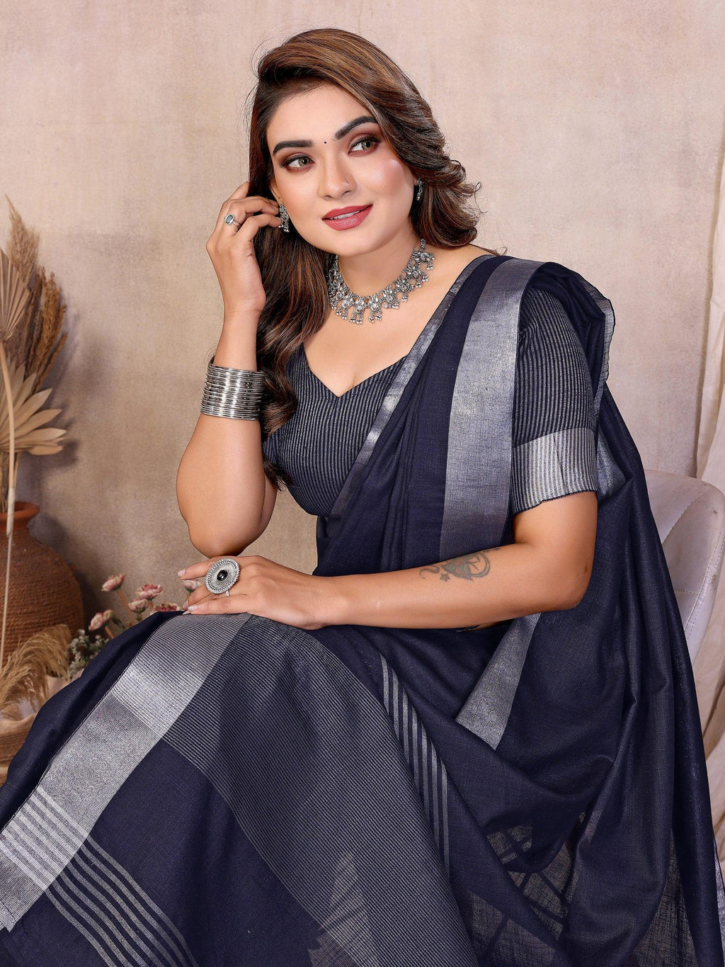 Anaita Teal Weaving Linen Cotton Saree With Blouse | Grocsy