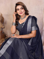 Anaita Teal Weaving Linen Cotton Saree With Blouse | Grocsy