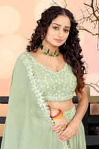 Jyoti Fashion Sea Green Two Tier Crush Georgette Lehenga Choli with Dupatta | Grocsy