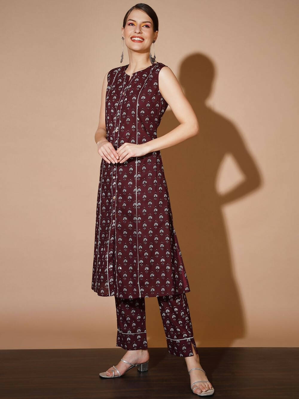 Myshka Women Rust Floral Kurta & Trousers | Grocsy