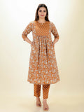 Aramya Orange Soft Cotton Floral Print Panelled Kurta Set for Women | Grocsy