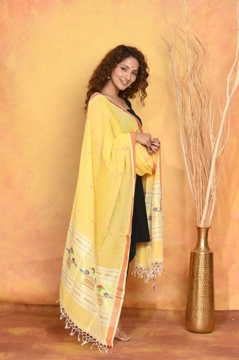 Very Much Indian Handloom Pure Cotton Paithani Dupatta - Yellow | Grocsy