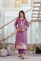 The52 Women's Beautiful Jacquard Butti Work Simmer Jacquard Fabric Straight Kurta Pant and Dupatta Set | Grocsy