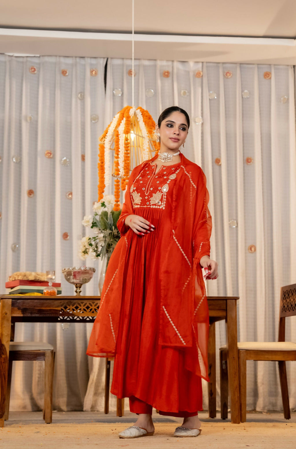 The52 Women's Gorgeous Embroidery Work Chanderi Silk Fabric Flared Kurta Pant and Dupatta Set | Grocsy