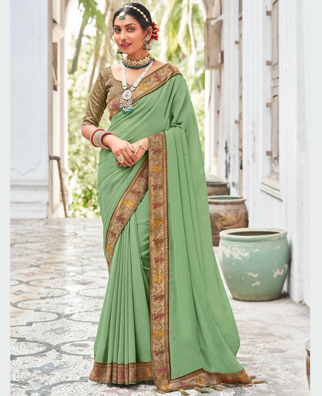 Green Vichitra Solid Saree With Unstitched Blouse Piece - Juhi | Grocsy