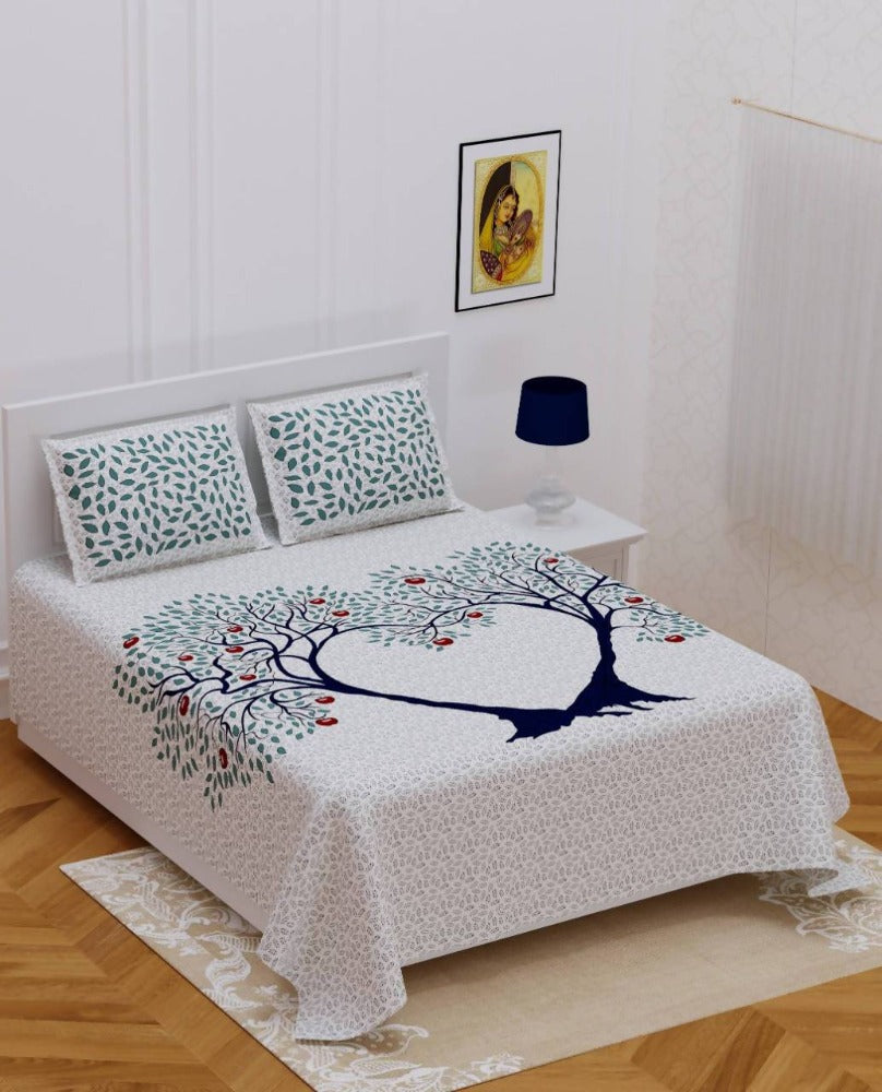 Vamika Printed Beautiful Cotton White Bedsheet With Pillow Covers (PM 2Tree Grey) | Grocsy