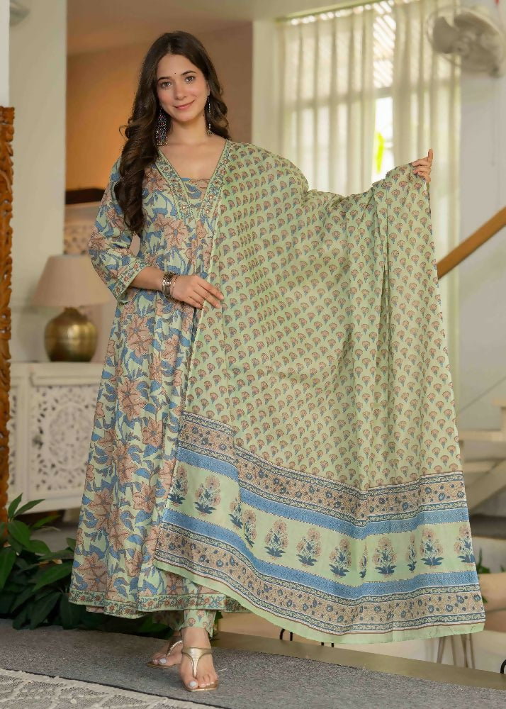 Jaimini Women Cotton Printed V-Neck 3/4 Sleeves Calf Length Flared Kurta Pant And Dupatta Set | Grocsy
