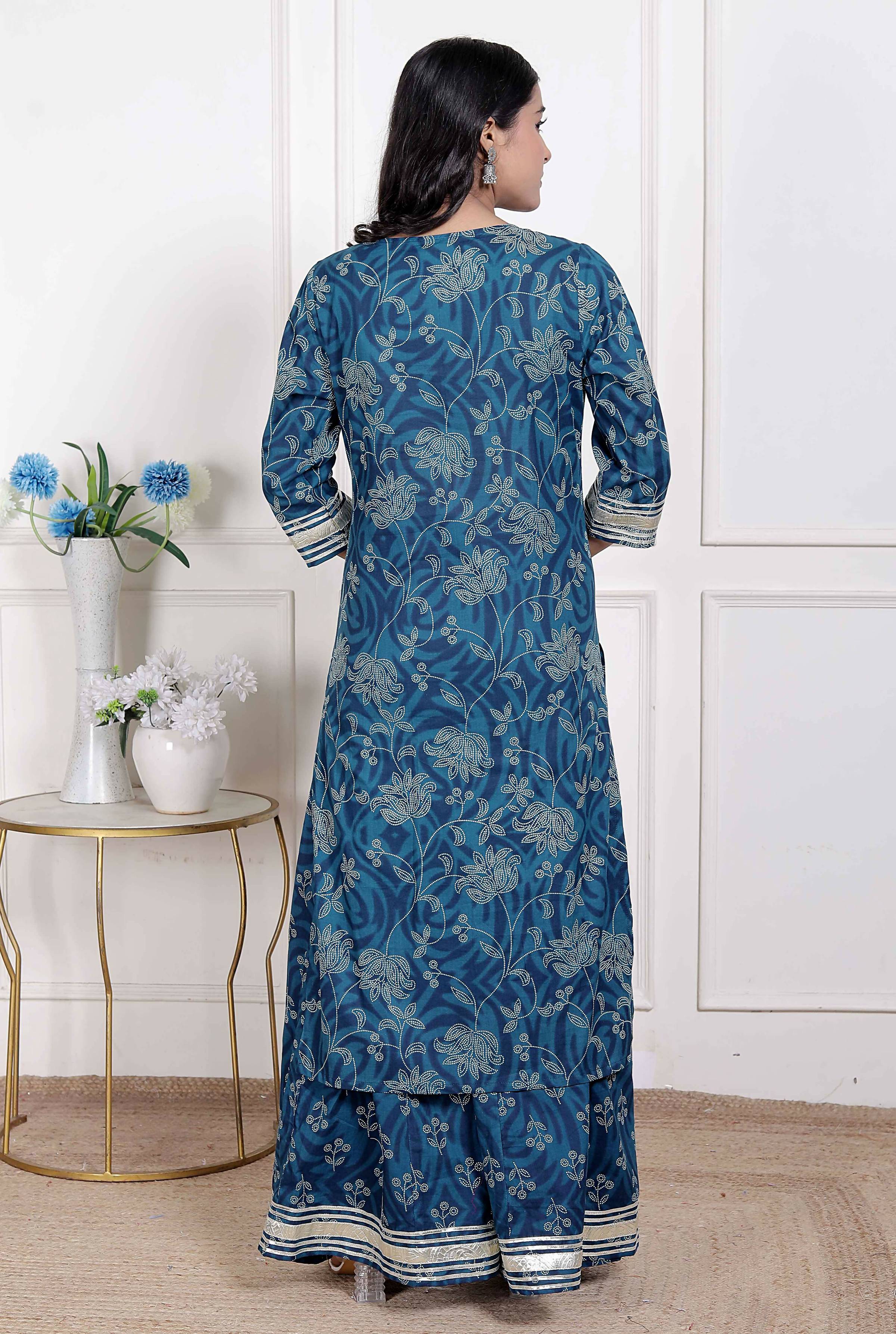 Miravan Women's Cotton Floral Printed V-Neck Kurta with Flared Palazzo | Grocsy