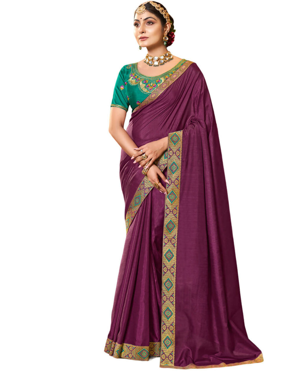 Purple Solid Vichitra Saree With Unstitched Blouse Piece - Selena | Grocsy