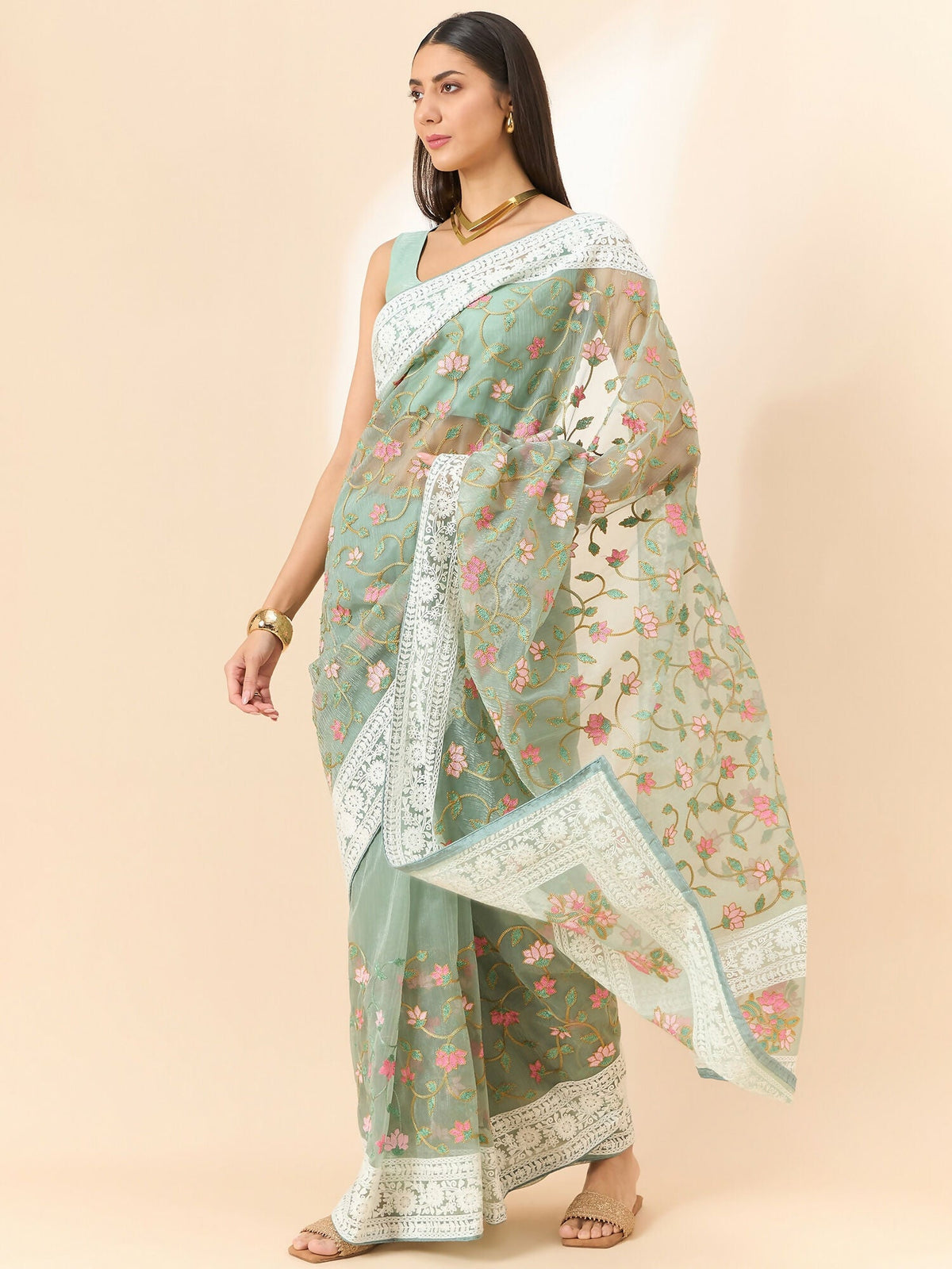 Green Organza Floral Embroidered Saree with Unstitched Blouse Piece - Roozal | Grocsy