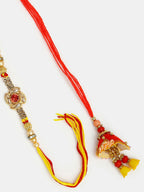 NVR Women & Men Set of 2 Red & Gold-Toned Stone-Studded Bhaiya Bhabhi Rakhi With Roli Chawal & Chocolate | Grocsy