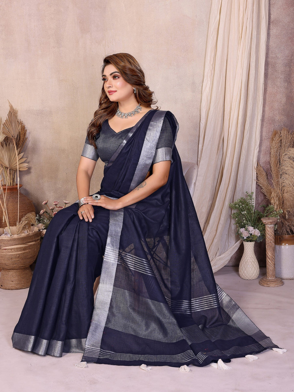 Anaita Teal Weaving Linen Cotton Saree With Blouse | Grocsy