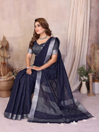 Anaita Teal Weaving Linen Cotton Saree With Blouse | Grocsy