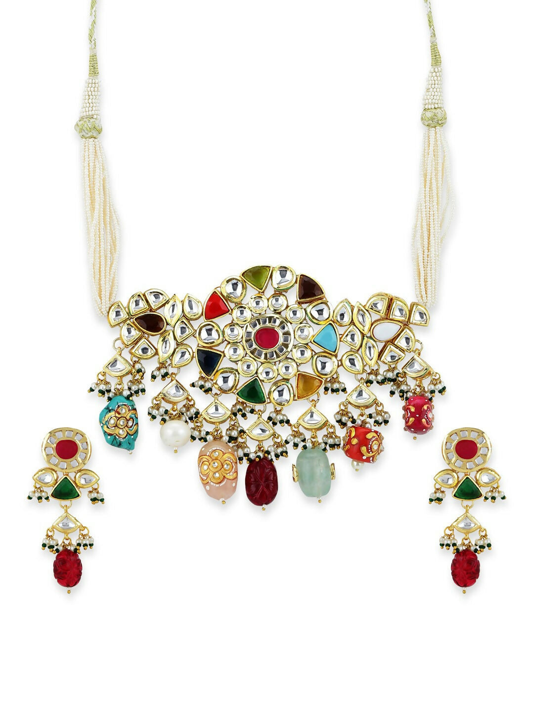 Maharani Multi Kundan Choker with Earrings- Ruby Raang | Grocsy