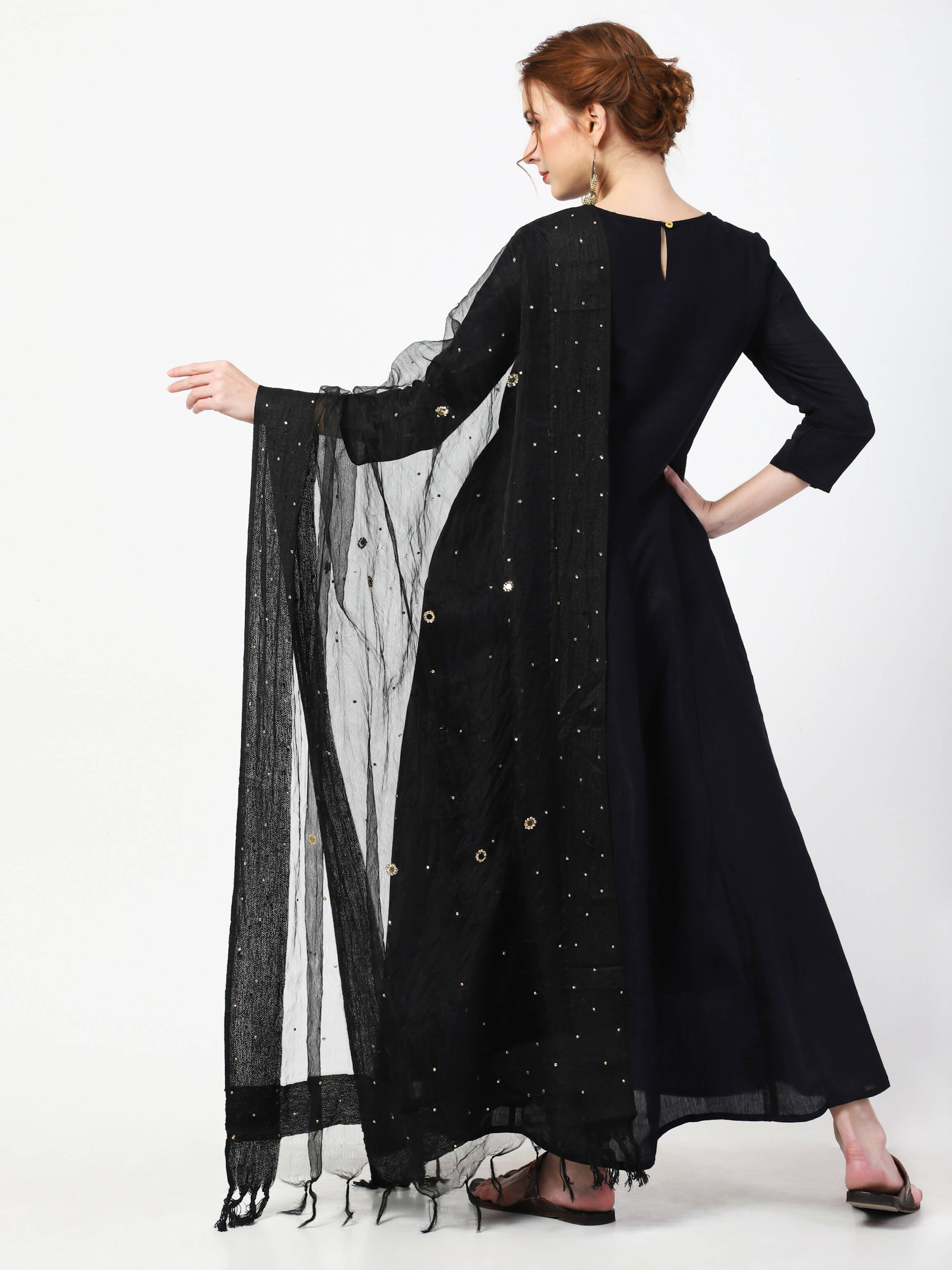 Cheera Embellished Party Wear Anarkali Dress with Dupatta - Black | Grocsy