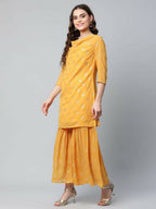 Ahalyaa Womens Mustard Georgette Gold Foil Printed Kurta Sharara Set With Dupatta | Grocsy