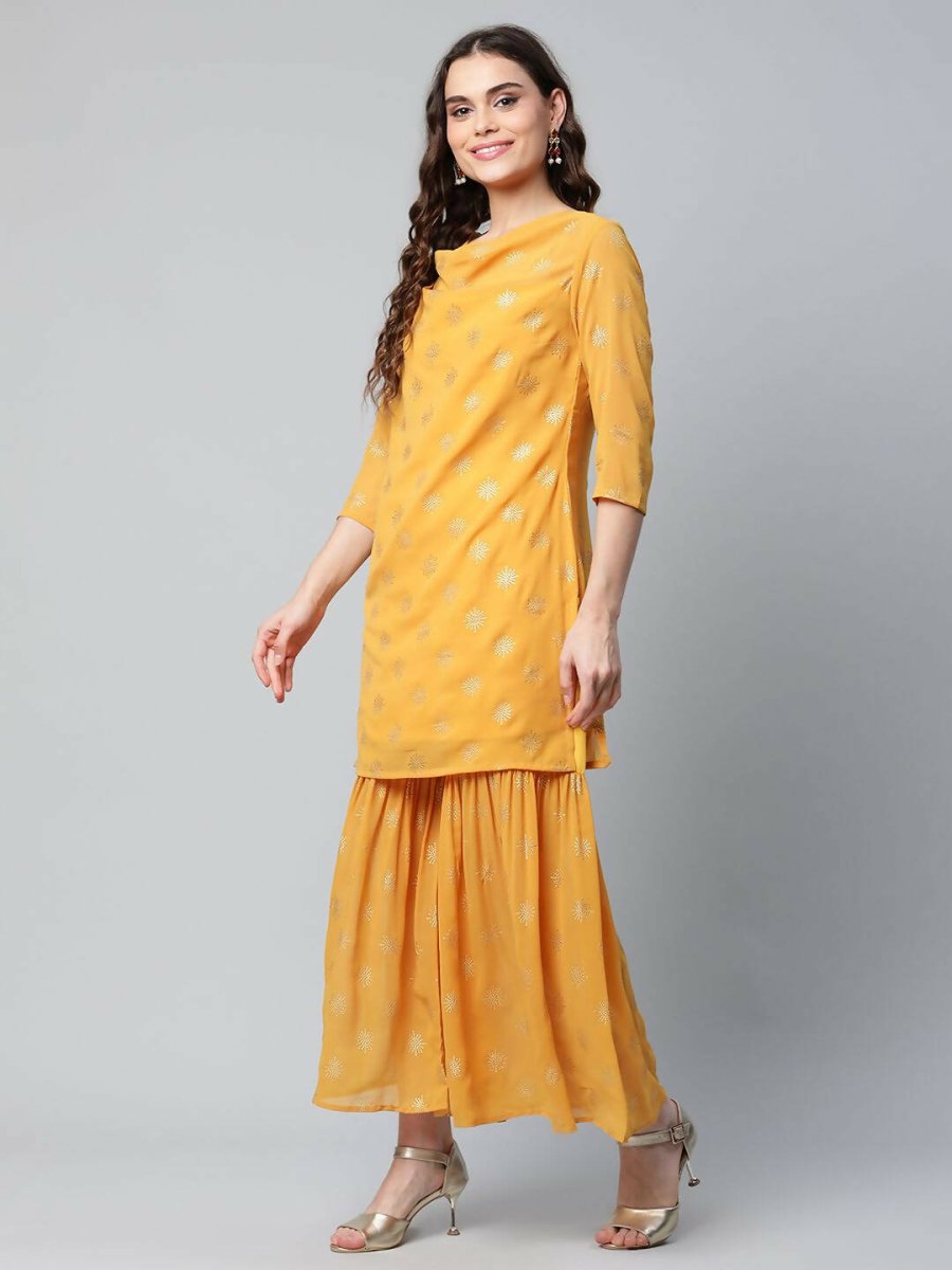 Ahalyaa Womens Mustard Georgette Gold Foil Printed Kurta Sharara Set With Dupatta | Grocsy