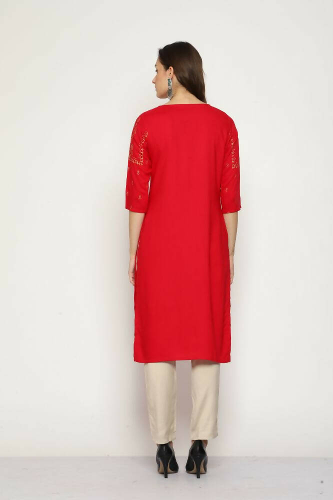 Maai Rayon Hand Printed Kurta Red | Grocsy